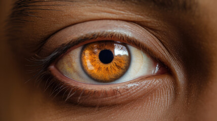 Close-up of a male's eye with striking amber iris, showcasing intricate details and textures, highlighting the deep color and natural beauty of the eye.