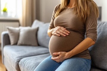Relaxed pregnant woman in cozy sweater seated on couch in modern home setting radiating warmth comfort and anticipation in a minimalist environment