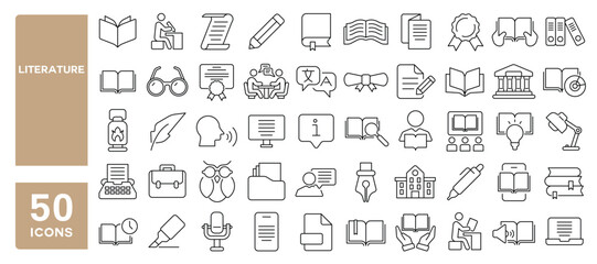 Set of 50 line icons related to literature, knowledge, book, read, library, poetry, story, Editable stroke. Vector illustration
