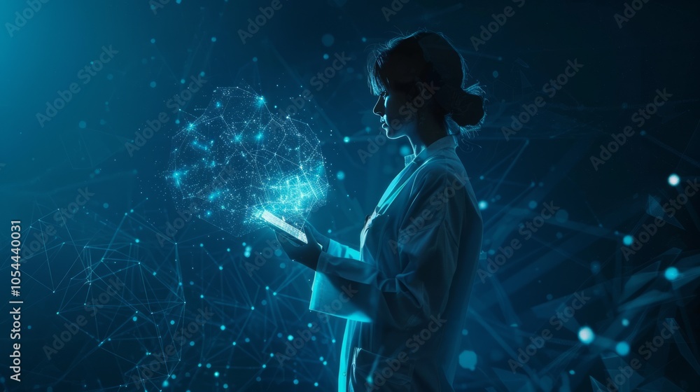 Poster explore the realm of futuristic digital technology through ai scientists work with a virtual hologra