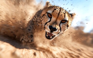 A fierce cheetah charges forward, kicking up dust as it sprints at high speed, showcasing its agility and power in a dramatic display of raw energy.