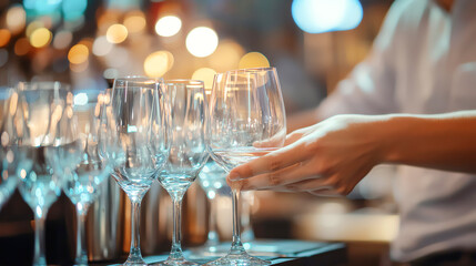 Bartender cleaning glasses behind the bar, ensuring everything is spotless, bar maintenance, bartender duties