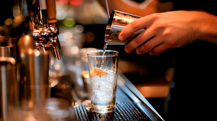 Bartender mixing a cocktail with flair, expertly pouring ingredients into a shaker, cocktail artistry, bartender skills