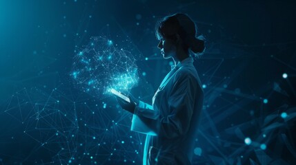 Explore the realm of futuristic digital technology through AI Scientists work with a virtual holographic interface