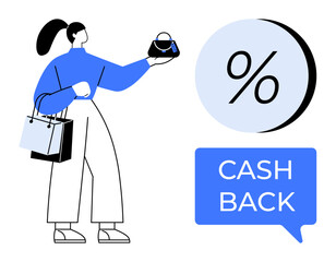 Stylish woman holding a handbag and shopping bags with a percentage symbol and Cash Back speech bubble. Ideal for retail, discounts, promotions, rewards programs, customer loyalty, online shopping