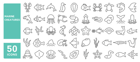 Set of 50 line icons related to marine creatures, fish, whale, shark, turtle, crab, octopus, seahorse, star, jellyfish, dolphin, Editable stroke. Vector illustration © M Design