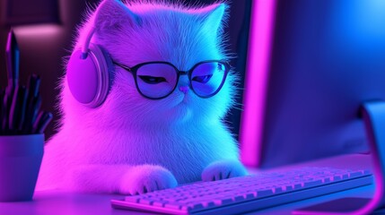 Cat wearing a call center uniform sitting at a desk and working on a computer with headphones representing the concept of remote work productivity and tech-savvy pets