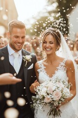 A joyful newlywed couple celebrating their wedding day as petals fall in a beautiful outdoor setting