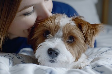 The picture shows a young caucasian woman sitting on the bed and working on her laptop. A cute little dog lies next to her. The image represents a way of living indoors and love of animals.