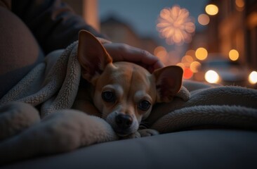 The Chihuahua dog is very afraid of fireworks. He is shaking with fear and crying. The owner is trying to calm the pet. Please don't throw firecrackers