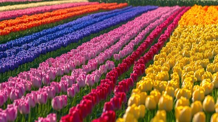 A vibrant field of tulips, blooming in rows of various colors, creating a rainbow effect.