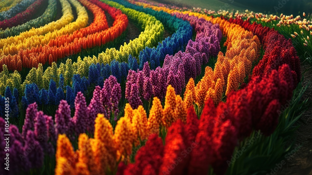 Poster a field of colorful flowers arranged in a rainbow pattern.