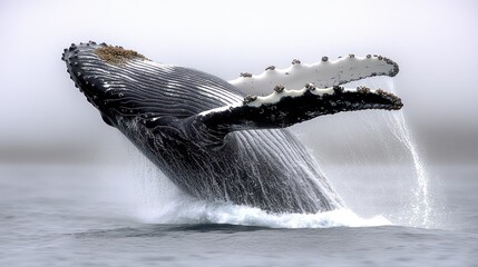 Fototapeta premium A humpback whale breaches the surface of the ocean, its massive body throwing up a spray of water.