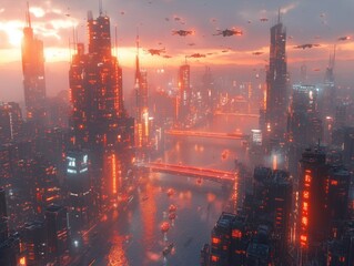 Sleek, futuristic drones and flying cars navigate the airspace above advanced skyscrapers, adding movement and a sense of innovation to the cityscape. 