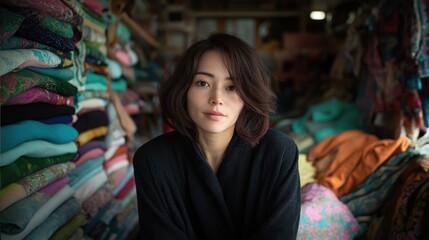 Obraz premium 居心地の良い雰囲気の中で色とりどりの布地に囲まれた女性の楽しいひととき