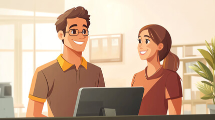 Receptionist assisting clients with inquiries, smiling and attentive, customer support, office reception