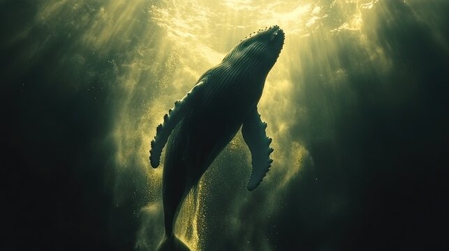 A humpback whale swims towards the surface of the ocean, silhouetted against the sun's rays.