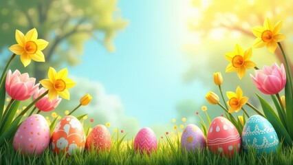 Easter background, include colorful decorated Easter eggs, spring flowers (tulips and daffodils), copy space in the middle, horizontal