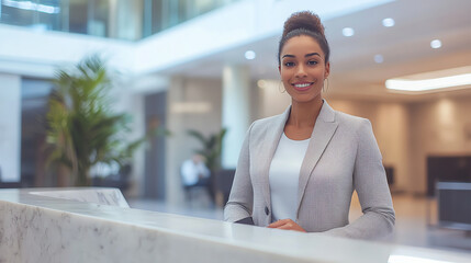 Receptionist welcoming guests in a sleek, modern corporate setting, professional reception, corporate front desk