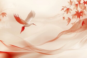 Obraz premium Elegant digital illustration of two cranes in flight with soft watercolor textures and pastel pink tones evoking serenity and grace