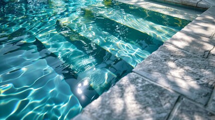Sunlight is reflecting on the turquoise water of an outdoor pool, creating a beautiful play of light and shadows. The stone pool deck is illuminated by the bright summer sun
