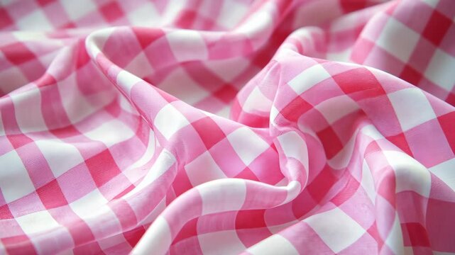 A close-up of pink and white gingham fabric, with a subtle texture