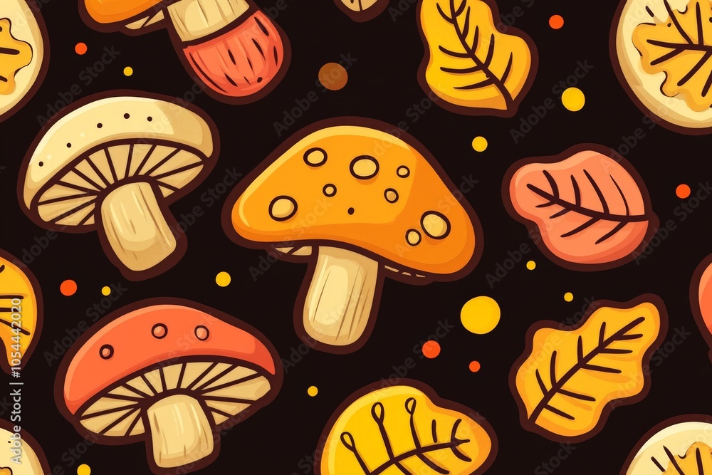 Poster vibrant seamless mushroom pattern with various fungi shapes and sizes on a dark background highlight