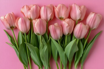 Obraz premium Pink tulips arranged on a soft pink background for spring decoration