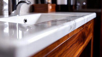 Close-up of a white porcelain sink with a marble countertop and a wooden cabinet below.