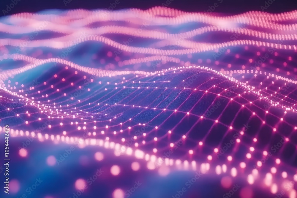 Poster digital landscape of vibrant pink and purple data waves flowing in a futuristic grid pattern symboli