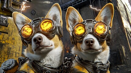 A humorous illustration of two corgis dressed as futuristic cyborgs, suitable for postcards, posters, and sci-fi themed designs