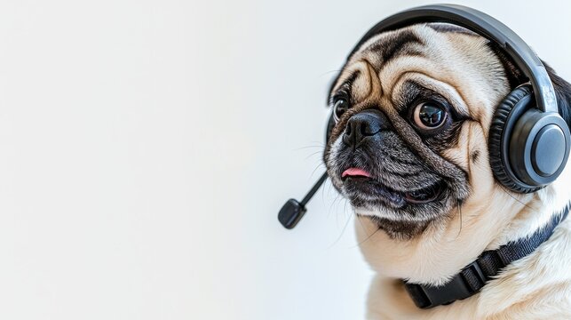 Pug dog wears a sleek headset and stares attentively off-camera against a minimalist white backdrop ideal for pet-themed content.