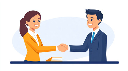 Obraz premium Businessman and businesswoman exchanging a handshake with smiles, contract signed, successful negotiation, partnership