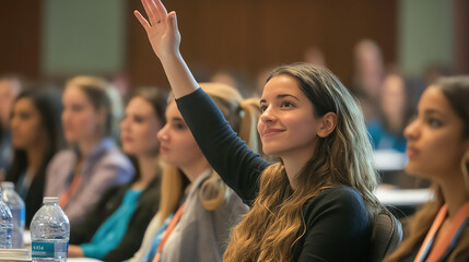 Attendees raising their hands to ask questions during a QA session at a professional conference, interactive learning, career workshop