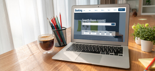 Online hotel accommodation booking website provide modish reservation system . Travel technology concept .