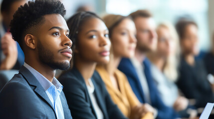 Fototapeta premium Group of businesspeople sitting in rows, focused on a presentation about career paths, seminar environment, career development