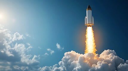 Digital art of a rocket launching towards a Dream Job destination, symbolizing ambition, career launch, aspirational
