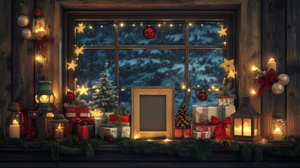 Obraz premium Shelf display with a mock-up poster frame, holiday decorations, lights, gifts, lanterns, and a cozy corner