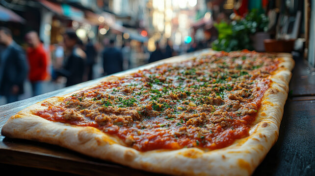Fototapeta Long pizza with toppings on a street in urban setting.
