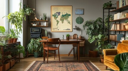Stylish and cozy interior of dining room with design craft wooden table, chairs, plants, velvet sofa, poster map, and elegant accessories in modern home decor. Template