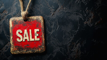 Vintage-style red sale tag with a worn texture and "SALE" in bold white letters, hanging by a twine against a dark, rugged background, place for advertisment.