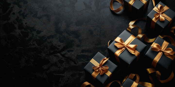 Black gift boxes with golden ribbons on a dark background, Black Friday sale banner, celebration, email and newsletter design.