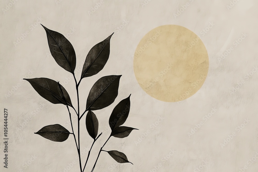Poster minimalistic botanical illustration of a black stem and leaves with a beige circle creating a simple