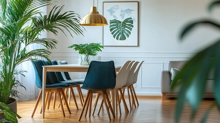 Stylish and eclectic dining room interior with mock-up poster map, sharing table design chairs, gold pendant lamp, and elegant sofa in the second space. White walls, wooden parquet. Tropical leaves 