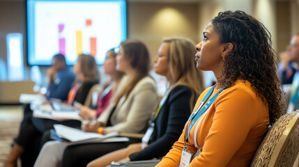Obraz premium Group of attendees listening intently to a speaker at a career seminar, large presentation screen in the background, professional conference, skills training