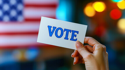 A hand displays a vote card against the backdrop of an American flag, emphasizing civic engagement during election time