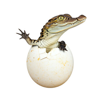 Baby crocodile brood from internal broken egg isolated on white background png file 