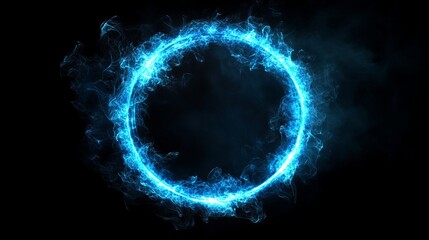 Round blue circle with a glowing edge on a dark background. Futuristic smoke surrounds the circle, creating a sense of mystery. This design is perfect for a logo or branding project.