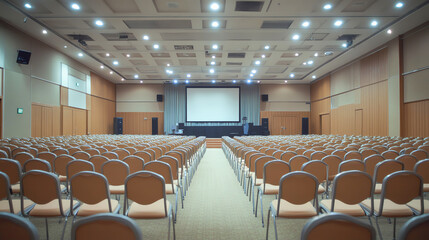 Large conference center hall filled with rows of chairs and presentation equipment, conference venue, public building