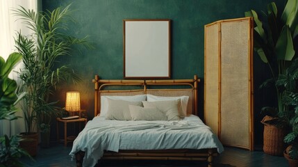 Stylish bedroom interior design with a mock-up poster frame, bamboo bed, night table, plants, folding screen, and creative home accessories against an eucalyptus wall